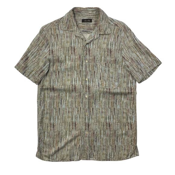 Tasso Elba Shirt Men M Medium Multi Island Print Striped Short Sleeve Silk Blend - Picture 1 of 11